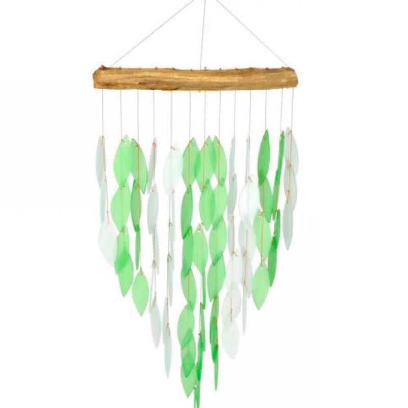 Large Glass Leaves on Driftwood Chime - Green